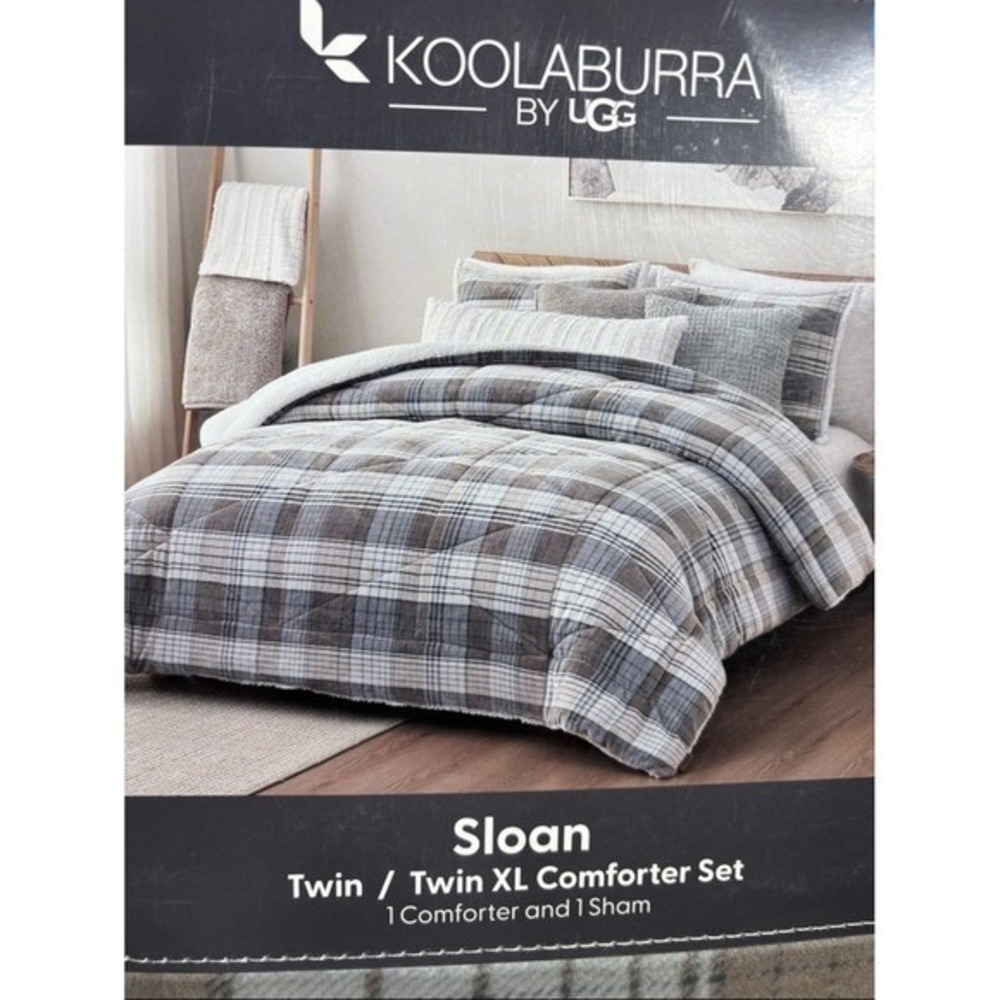 Koolaburra UGG Sloan Twin/Twin XL Comforter Set Plaid Gray & White 68" x 92" NEW